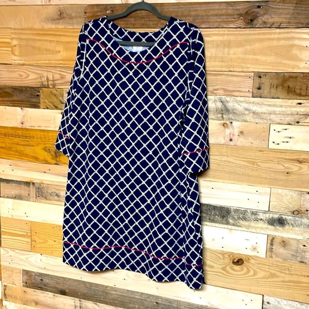 Lands’ End size 1X(16W-18W) blue, white, red 3/4 sleeve sailor’s knot midi dress